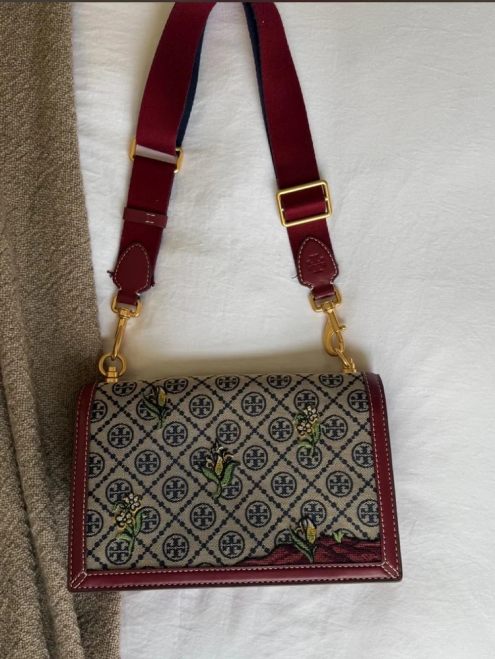 Tory Burch (limited edition)  T monogram Burgundy Embroidered Shoulder Bag